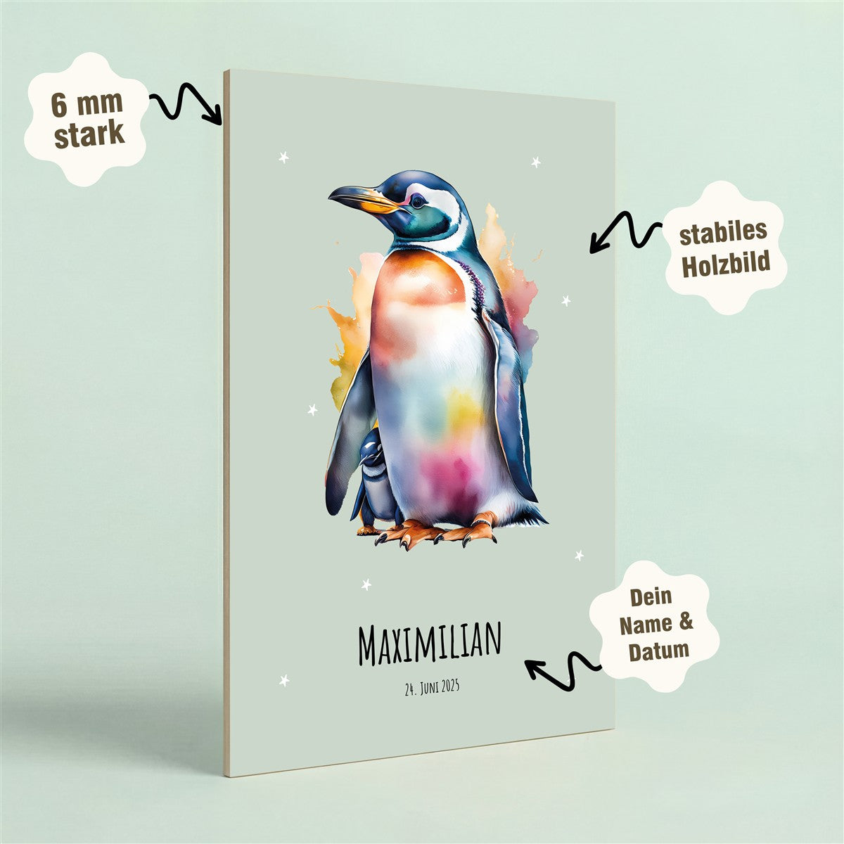 Holzbild „Verliebte Pinguine