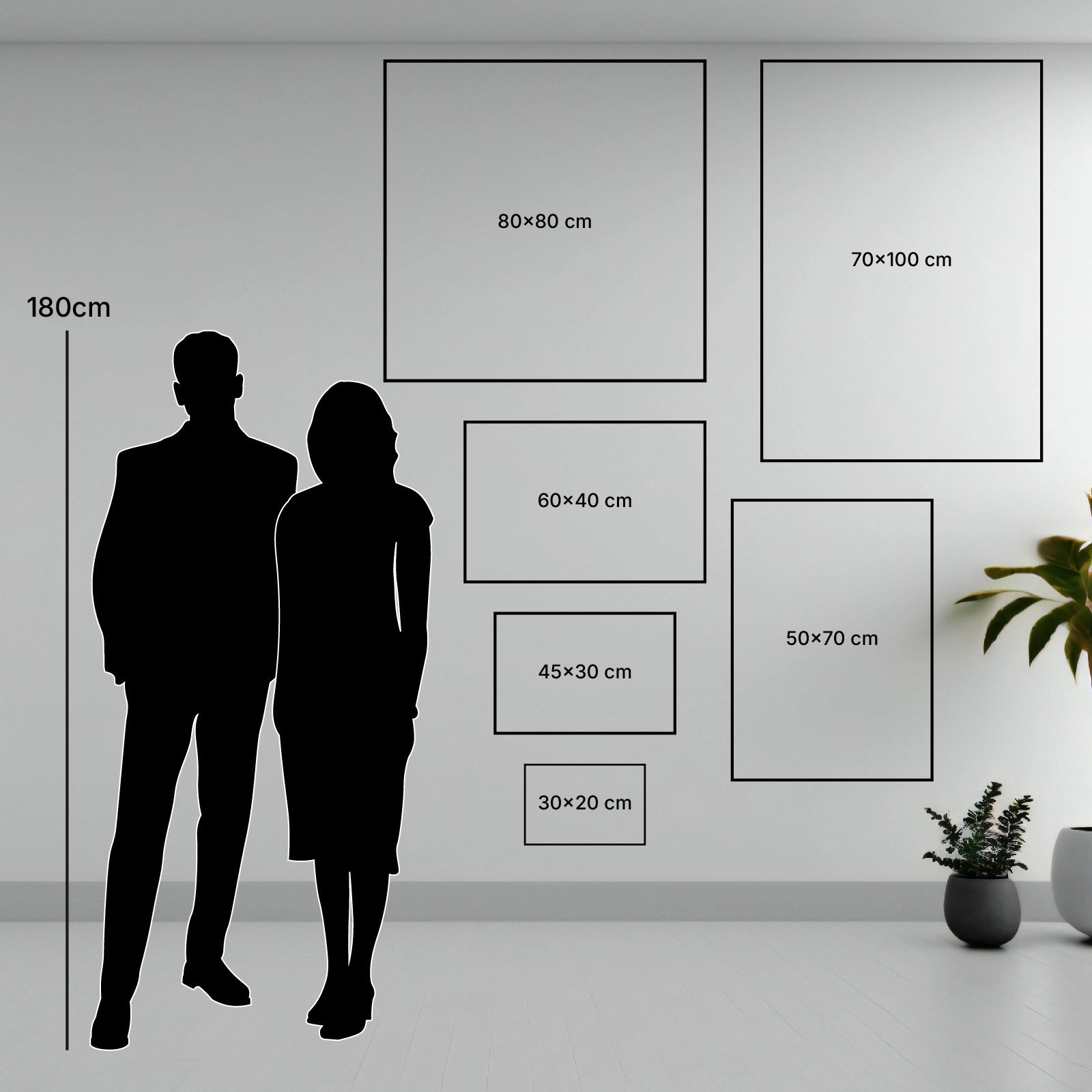 Größenvergleich der Schilder an einer weißen Wand