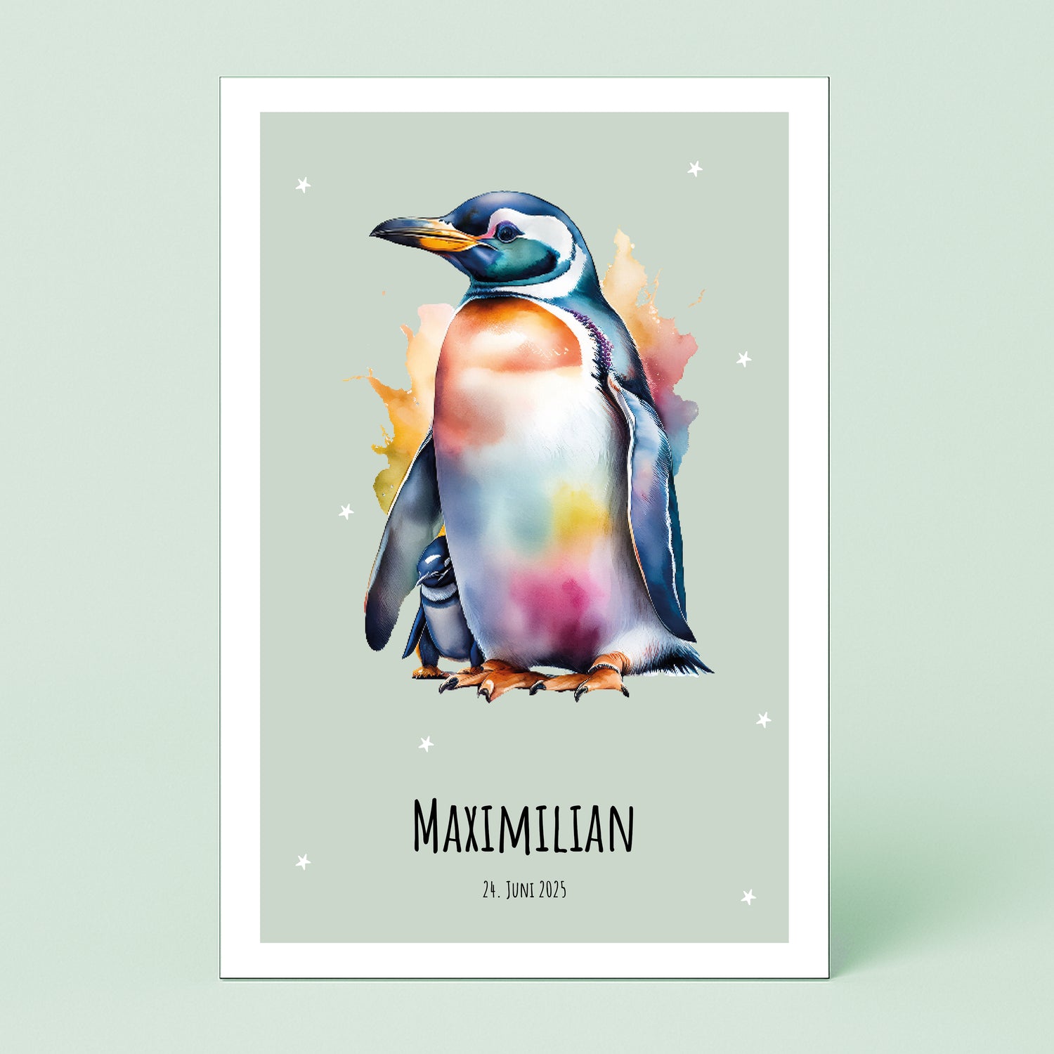 Personalierbares Wandbild [Kind, Name, Pinguin]