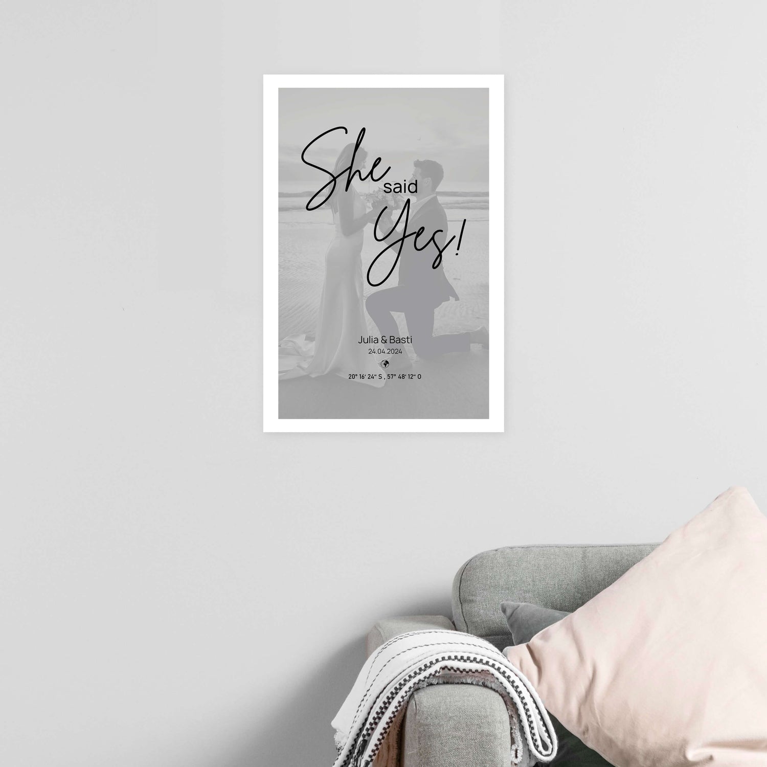 Wandbild [She said Yes, Bild, Namen, Datum, Koordinaten]
