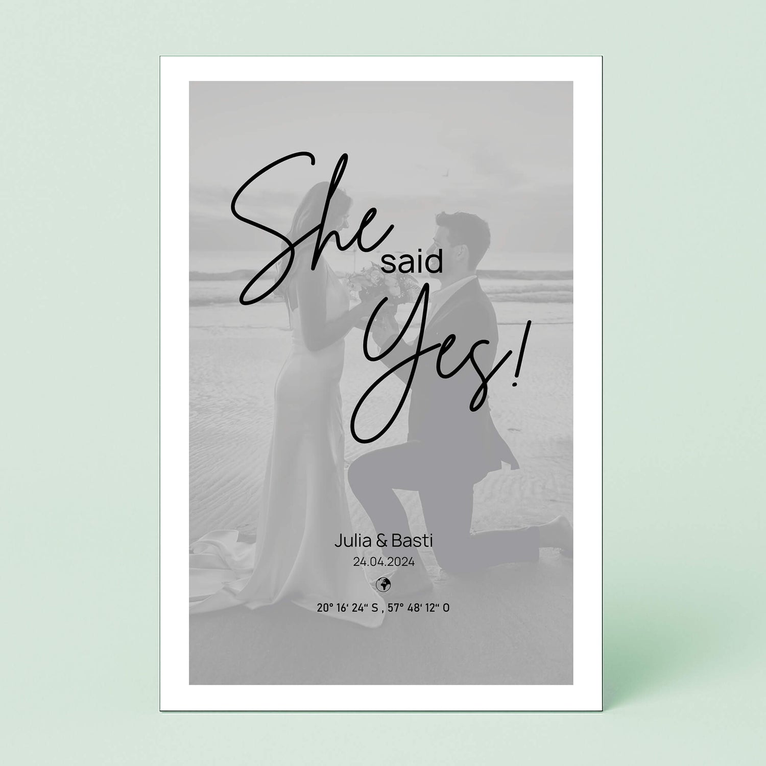 Wandbild [She said Yes, Bild, Namen, Datum, Koordinaten]