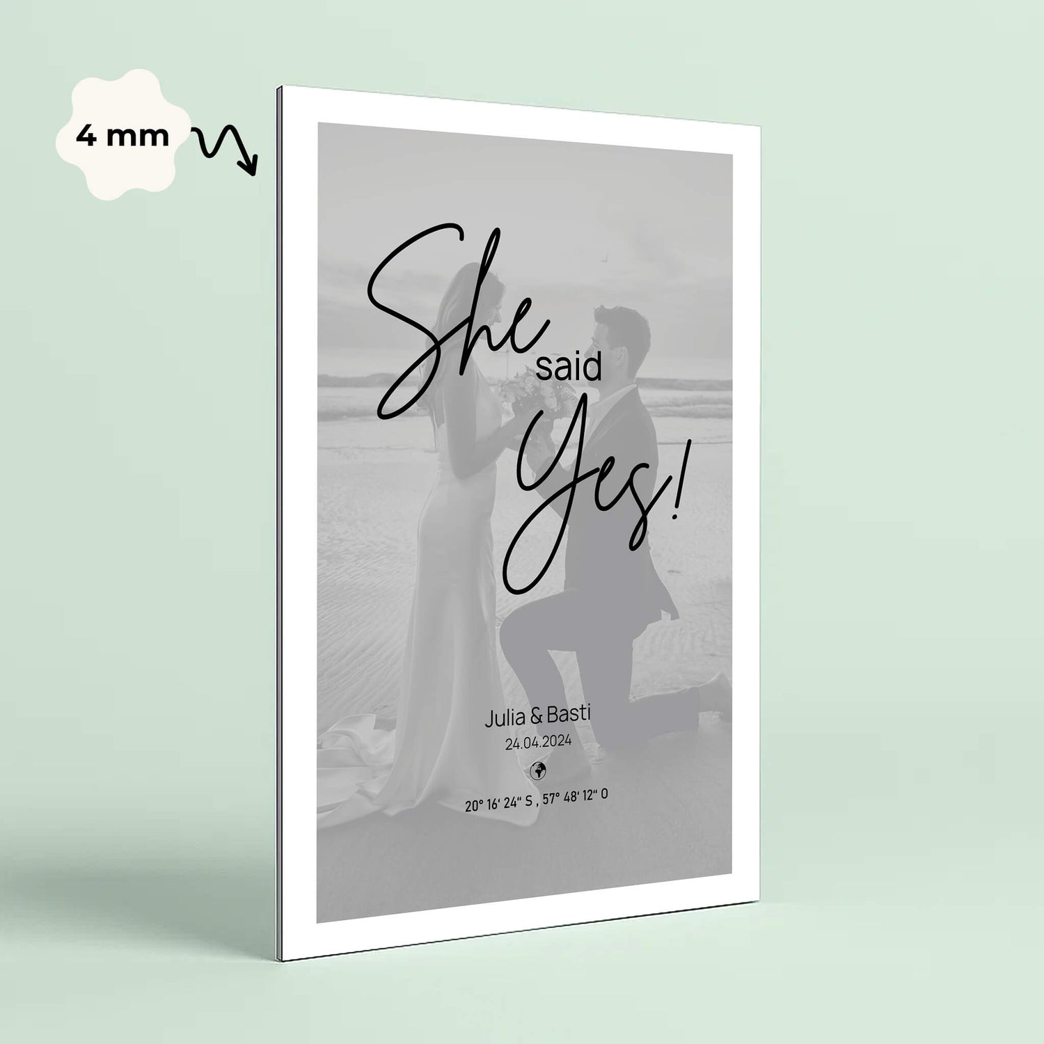 Wandbild [She said Yes, Bild, Namen, Datum, Koordinaten]