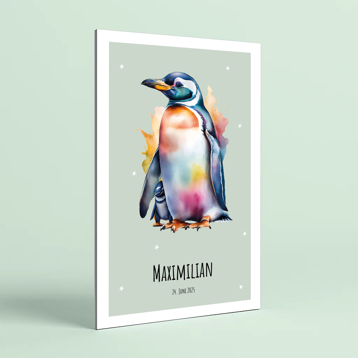 Personalierbares Wandbild [Kind, Name, Pinguin]